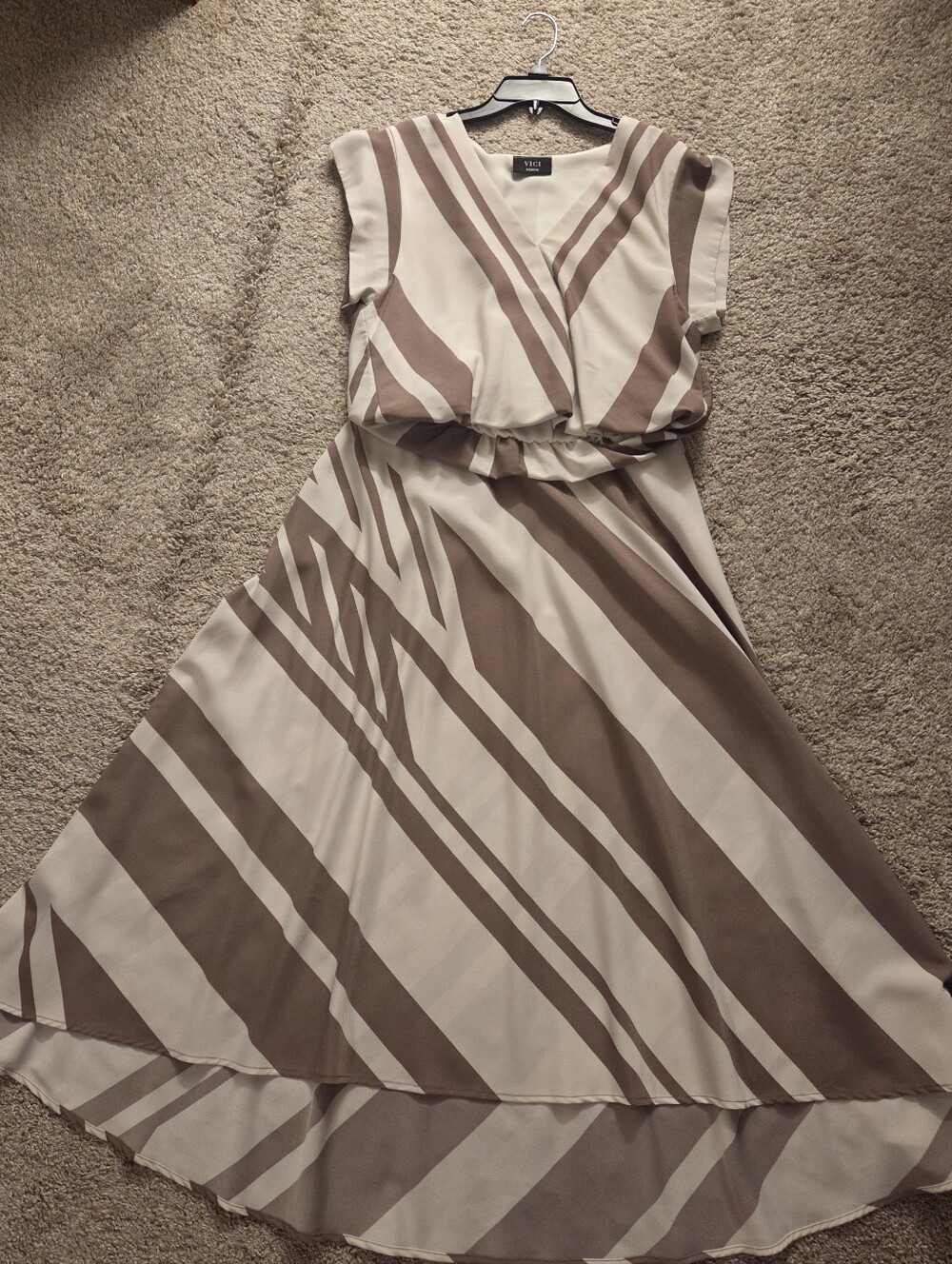 Vici Collection Taupe & Cream Striped High-Low Maxi Skirt And Top Set